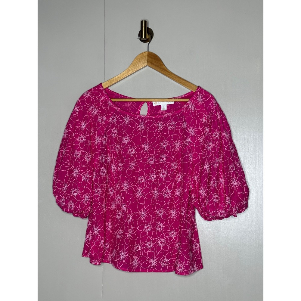Kate Park Womens Pink Floral Embroidered Puff Sleeve Blouse Large 300P3C8094485Y